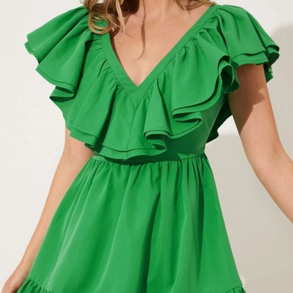 Green Boho Womens Two Layered Trim Ruffle Hem Dress - Picture 5 of 5